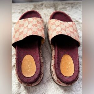 Canvas GG Monogram Angelina Platform Slide Sandals 36 Beige 573018 36 09B